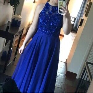 Sherri Hill Cobalt Blue High Neck Beaded Sequin Sleeveless Prom Dress 0